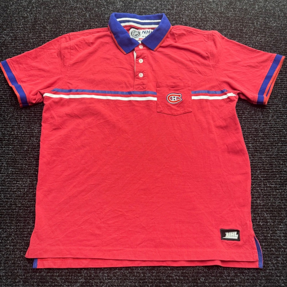NHL Montreal Canadiens Polo Shirt Mens Large Red Blue Ilanco Hockey Jersey Style